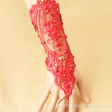 Rojo trenzado de pulseras Wrap con brazalete de perlas de encaje para novia